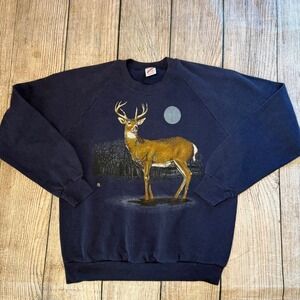 Vintage 80s Womens Large Faded Nature Deer Buck‎ Crewneck Sweatshirt Blue USA